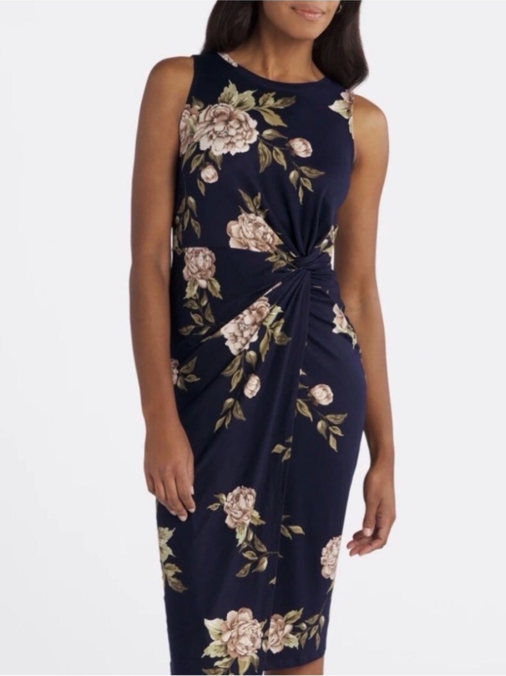 nine britton Navy Floral Midi Dress with Taupe Roses Summer Formal